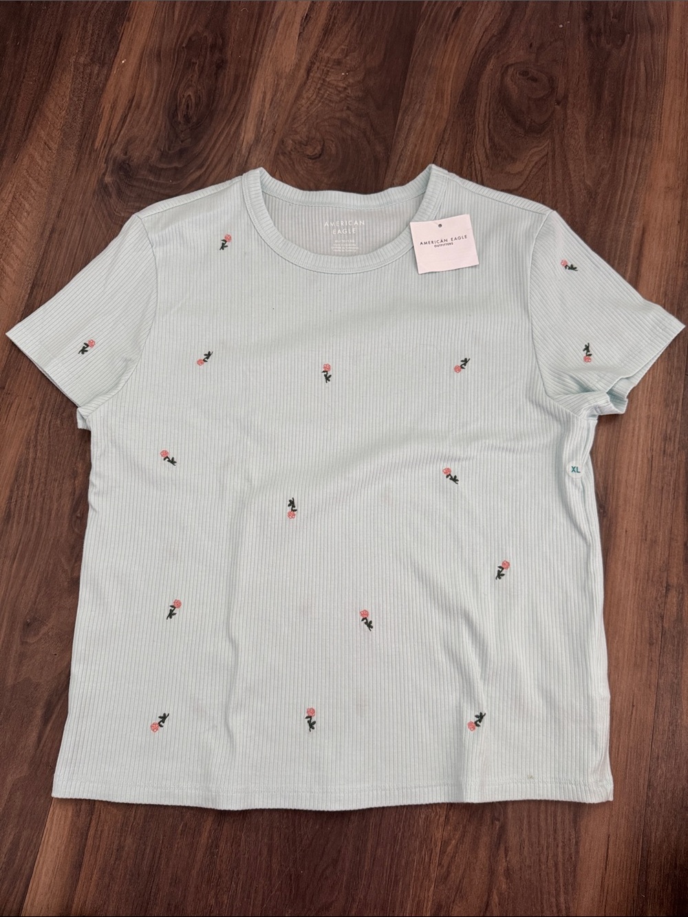 American Eagle Outfitters Light Blue Ribbed Tee with Tiny Pink Rose Embroidery